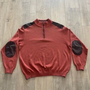 St Croix Quarter Zip Pullover Sweater Size L Wool Blend Orange Brown Elbow Patch